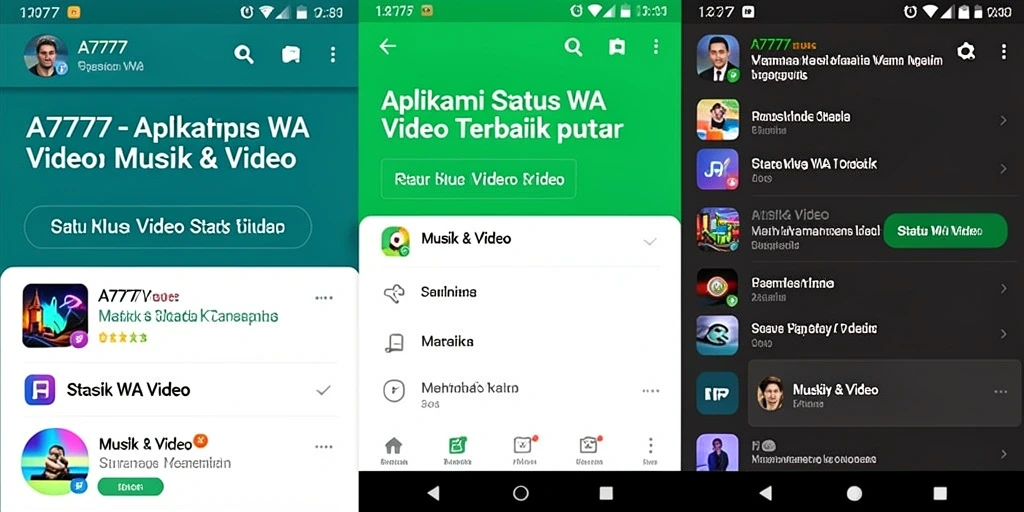 Tampilan utama A7777 dengan koleksi video status yang menarik.