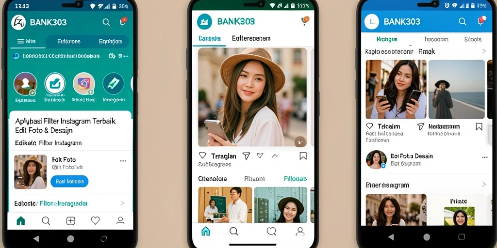 Tampilan utama BANK303 dengan berbagai pilihan filter Instagram.